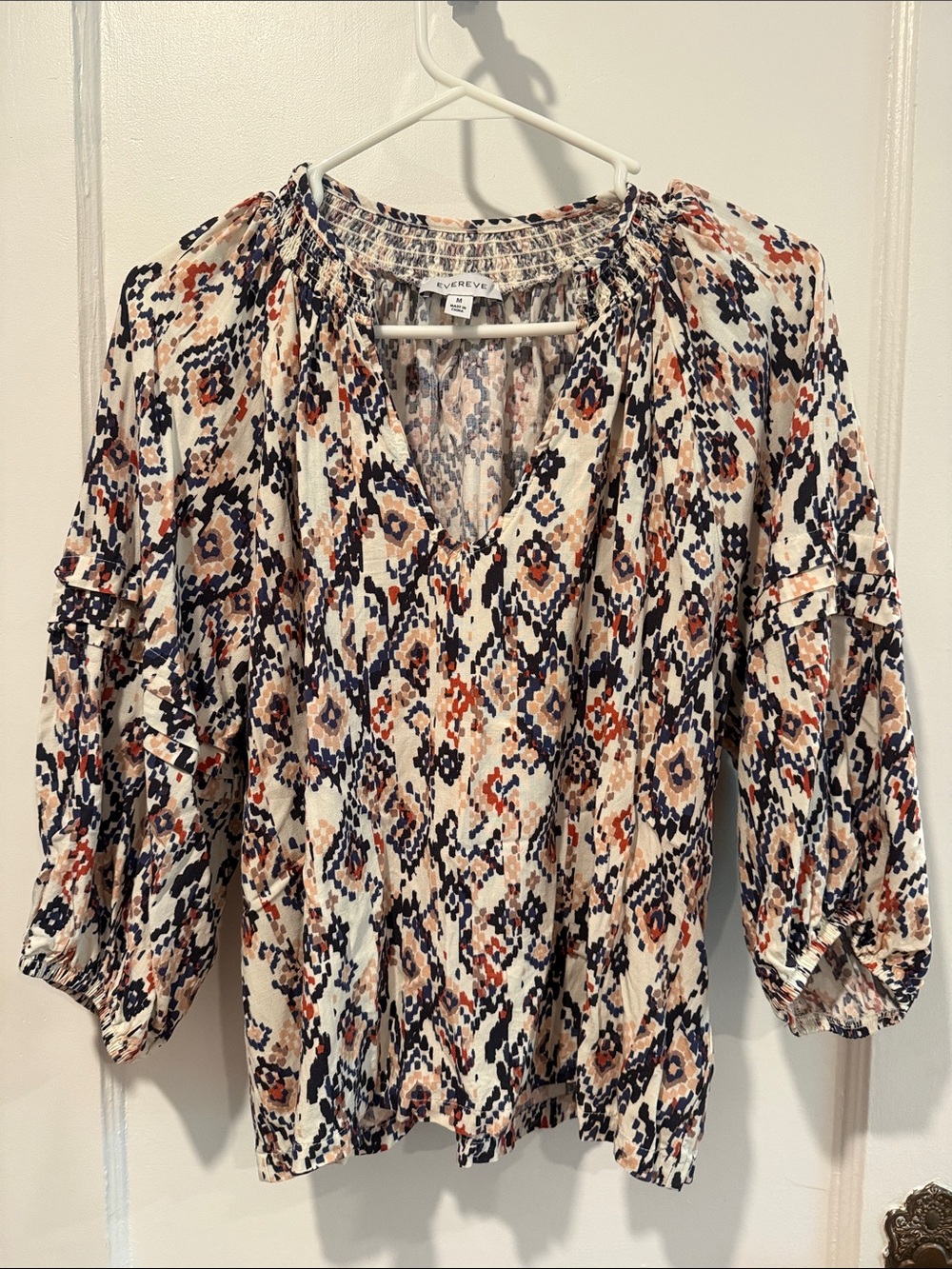Evereve Cream Blouse with Navy and Rust Ikat Print